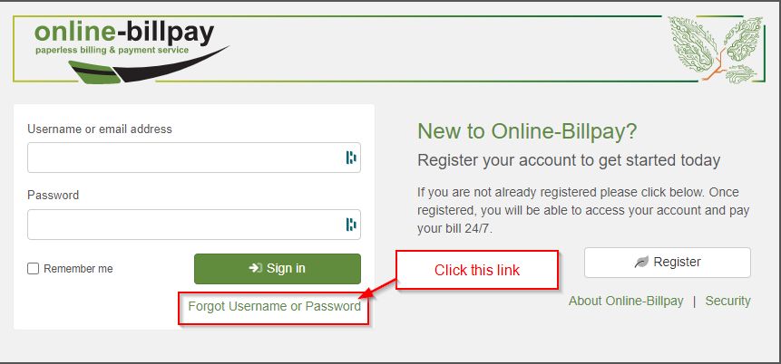Forgot Username or Password link